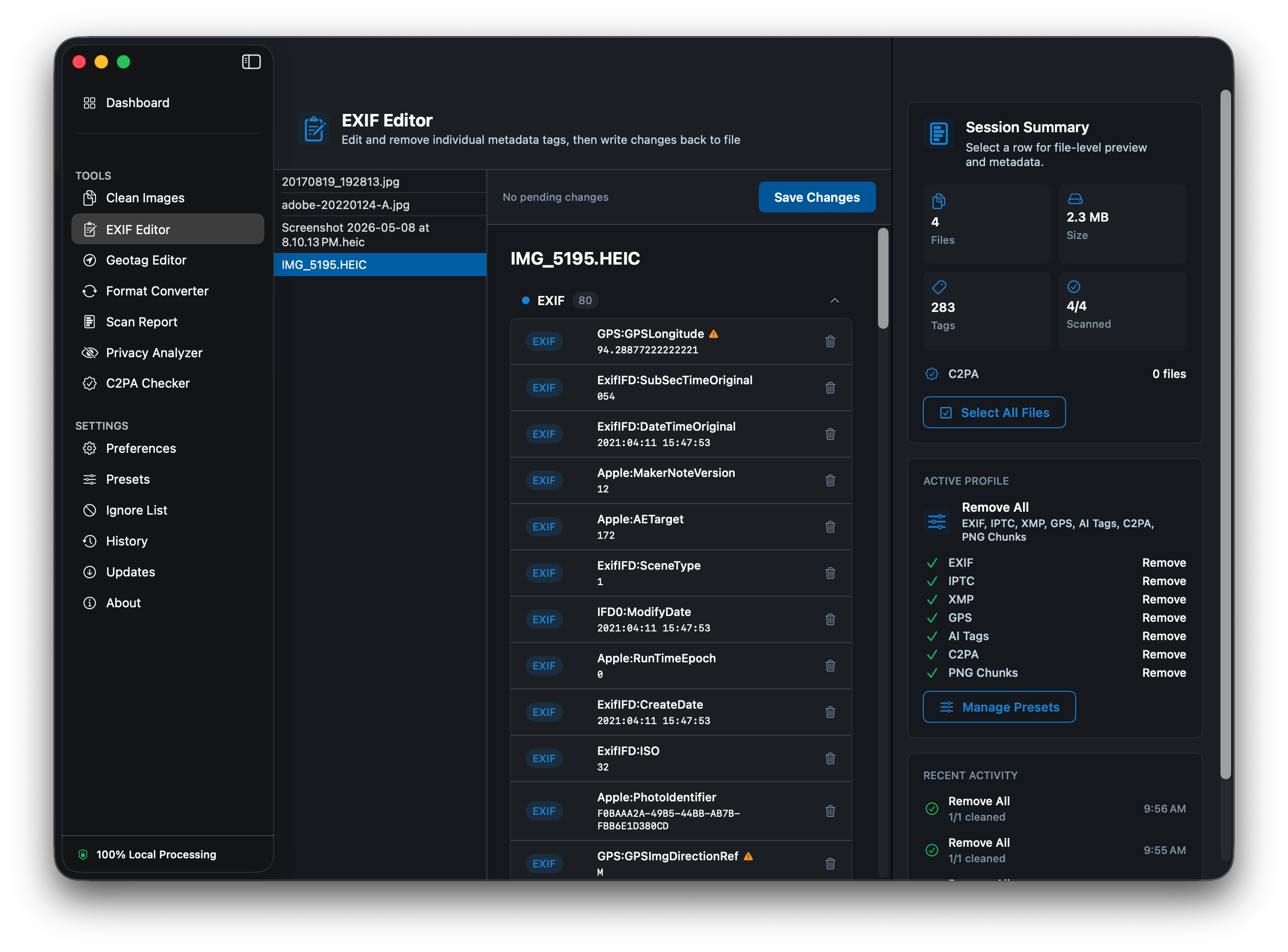 EXIF Editor two pane view with file list and tag editor with a sensitive tag highlighted