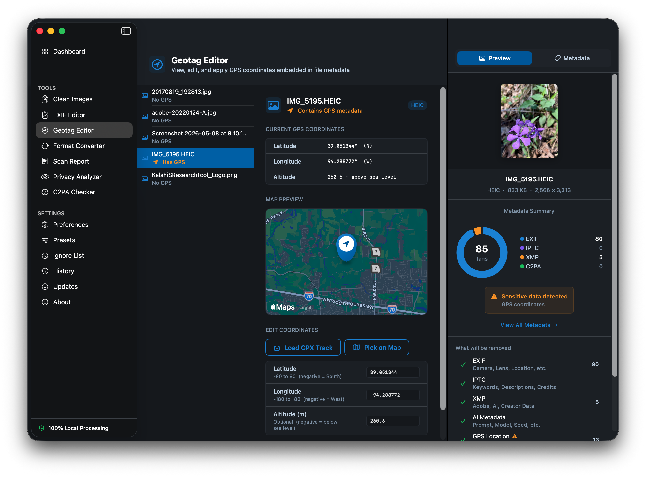 Geotag Editor with file list and map view with a pin at the photo location