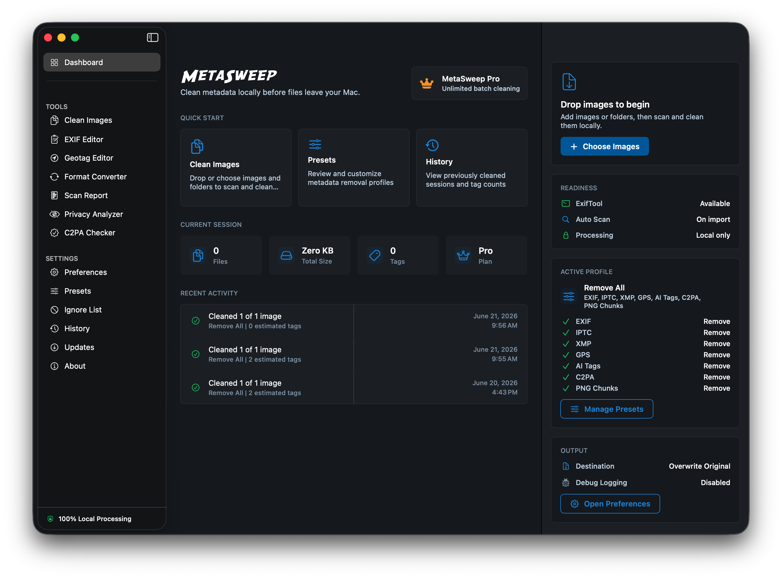 MetaSweep app dashboard overview